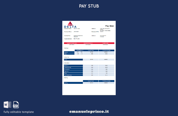 modello di busta paga della compagnia aerea Delta Air Lines USA stile verificato